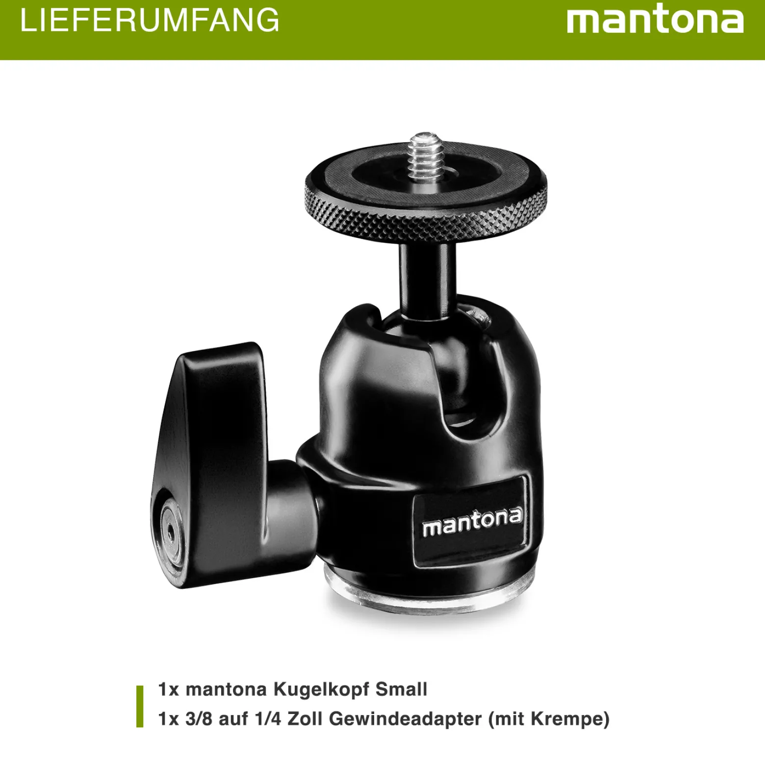 Mantona Small Kugelkopf für Stativ 360°, Stativkopf 1/4'' Kameraanschluss und 3/8'' Anschlussgewinde, mit Gewindeadapter für Kameras und Zubehör