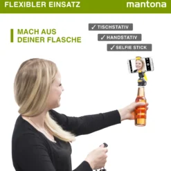 Mantona Smartphone Bottle Selfie Halter Pinguin schwarz/gelb Handstativ Selfie Stick mit Bluetooth Fernbedienung