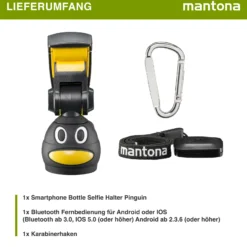 Mantona Smartphone Bottle Selfie Halter Pinguin schwarz/gelb Handstativ Selfie Stick mit Bluetooth Fernbedienung