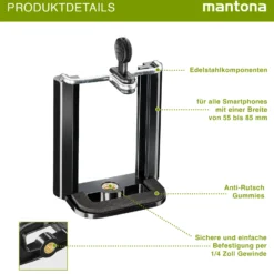 Mantona Smartphone Halter Quick & Easy 85 - 53 x 29 x 80 mm / Klemmbreite 55 bis 85 mm - mit 1x 1/4 Zoll - für Smartphone und kompatibel mit iPhone