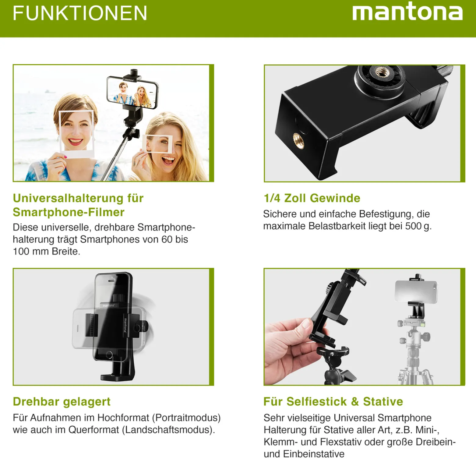 Mantona Smartphone Halterung Rotate Clip 100, drehbarer Universal Handy Halter für iPhones und Smartphones mit 55-85 mm Breite, Stativaufsatz Handy mit 1/4 Zoll Gewinde