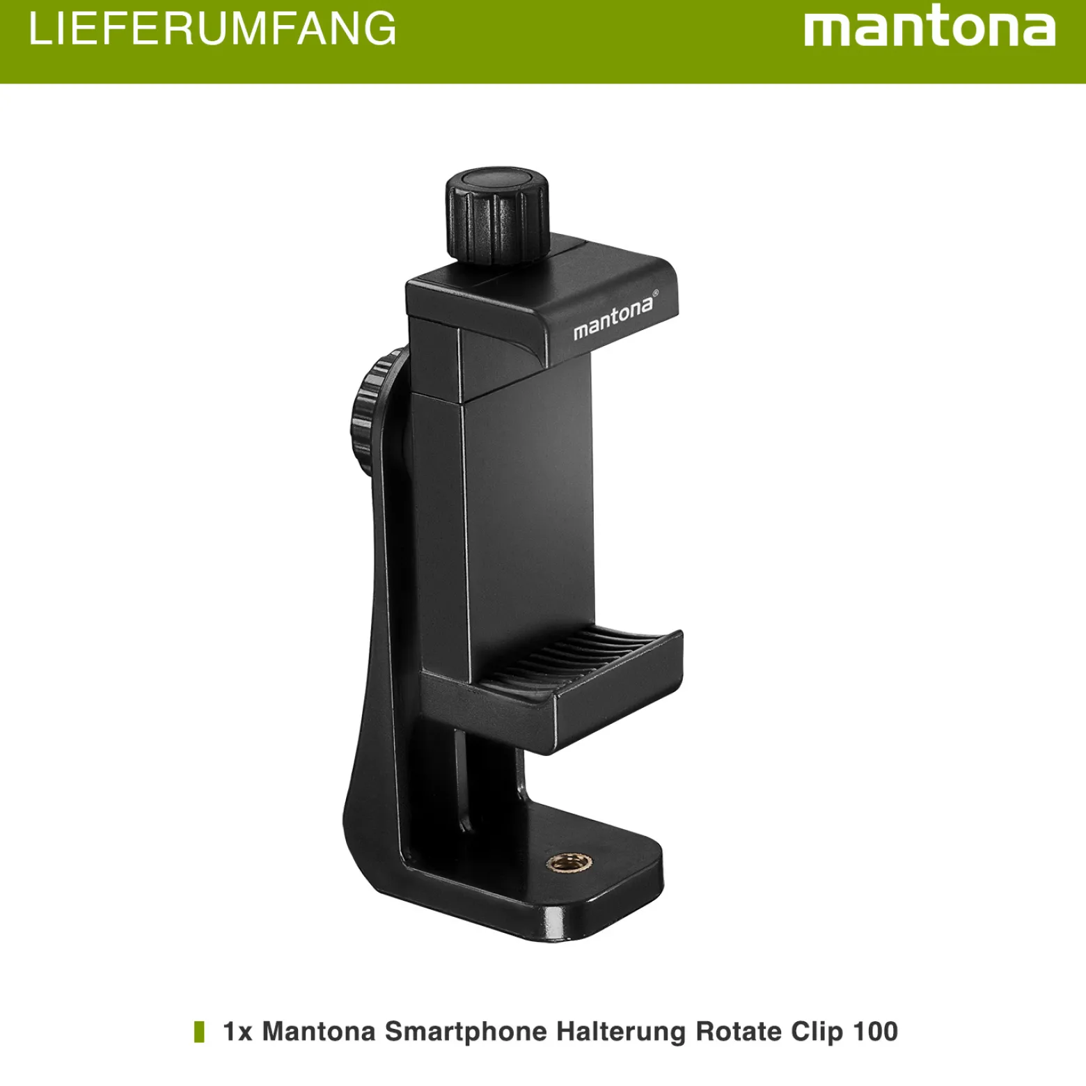 Mantona Smartphone Halterung Rotate Clip 100, drehbarer Universal Handy Halter für iPhones und Smartphones mit 55-85 mm Breite, Stativaufsatz Handy mit 1/4 Zoll Gewinde