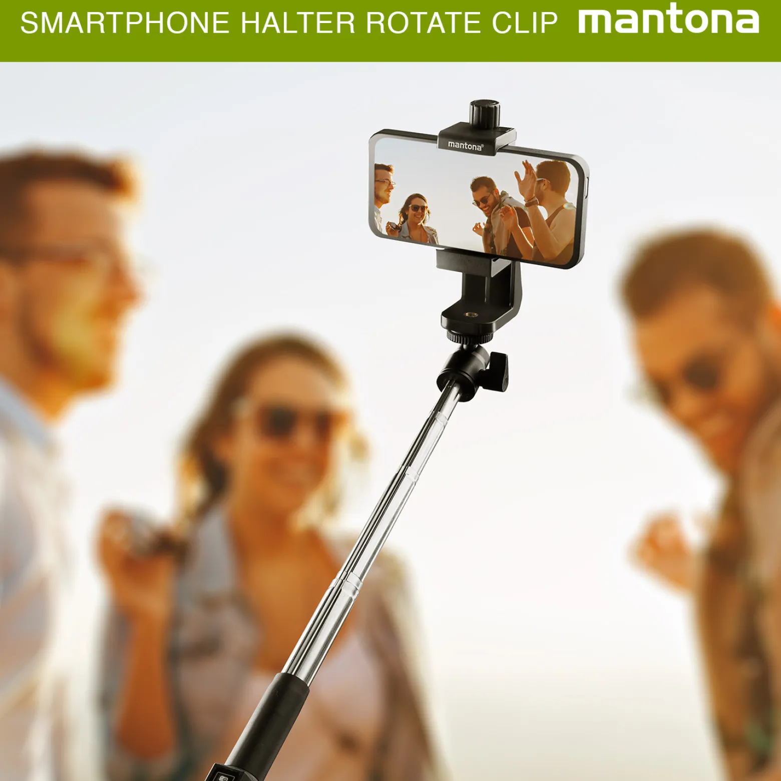Mantona Smartphone Halterung Rotate Clip 100, drehbarer Universal Handy Halter für iPhones und Smartphones mit 55-85 mm Breite, Stativaufsatz Handy mit 1/4 Zoll Gewinde