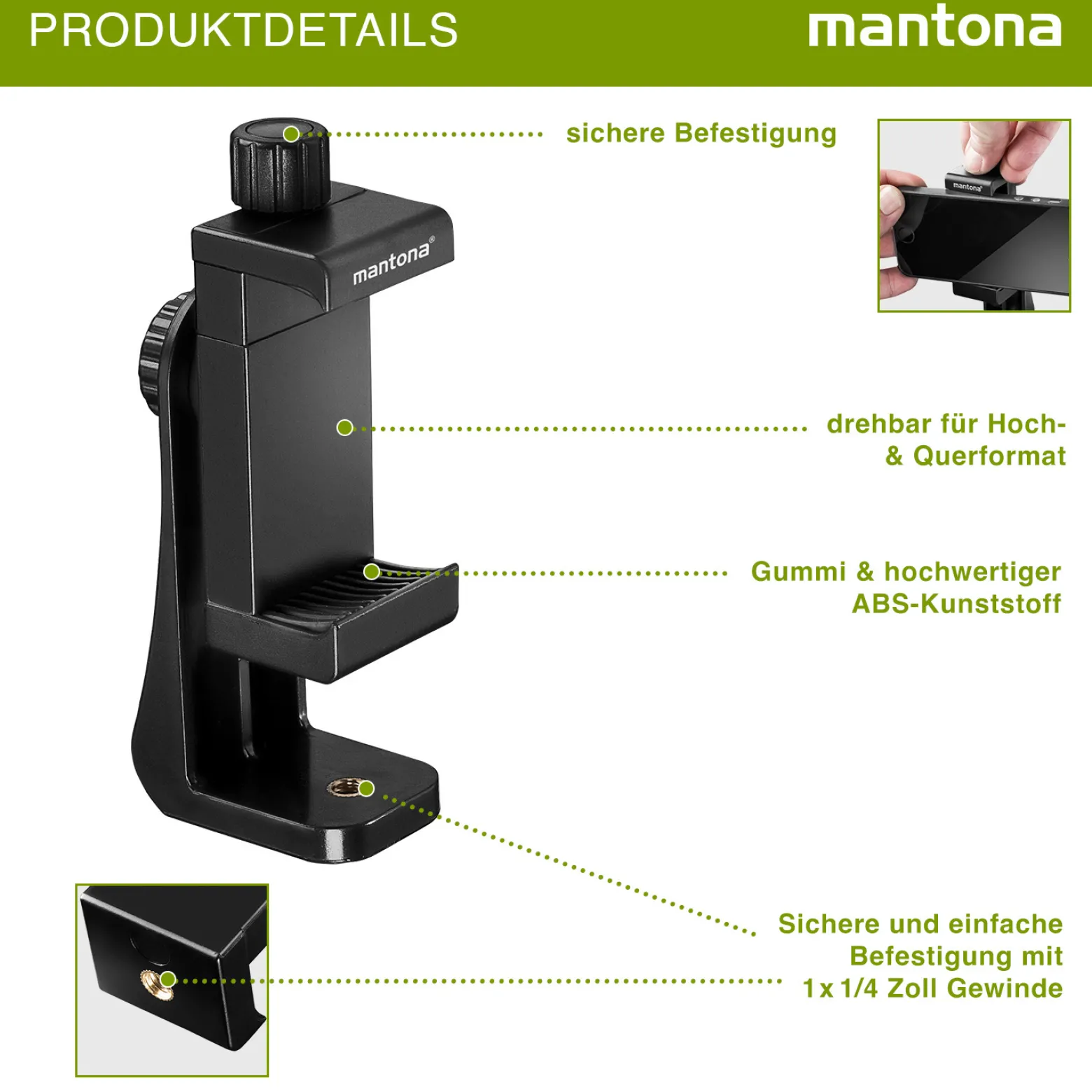 Mantona Smartphone Halterung Rotate Clip 100, drehbarer Universal Handy Halter für iPhones und Smartphones mit 55-85 mm Breite, Stativaufsatz Handy mit 1/4 Zoll Gewinde
