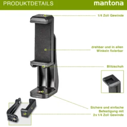 Mantona Smartphone Halter universelle drehbare Halterung für Smartphones (63-100mm) mit Blitzschuh, Handyhalterung mit 2 x 1/4 Zoll Gewinden für Stative