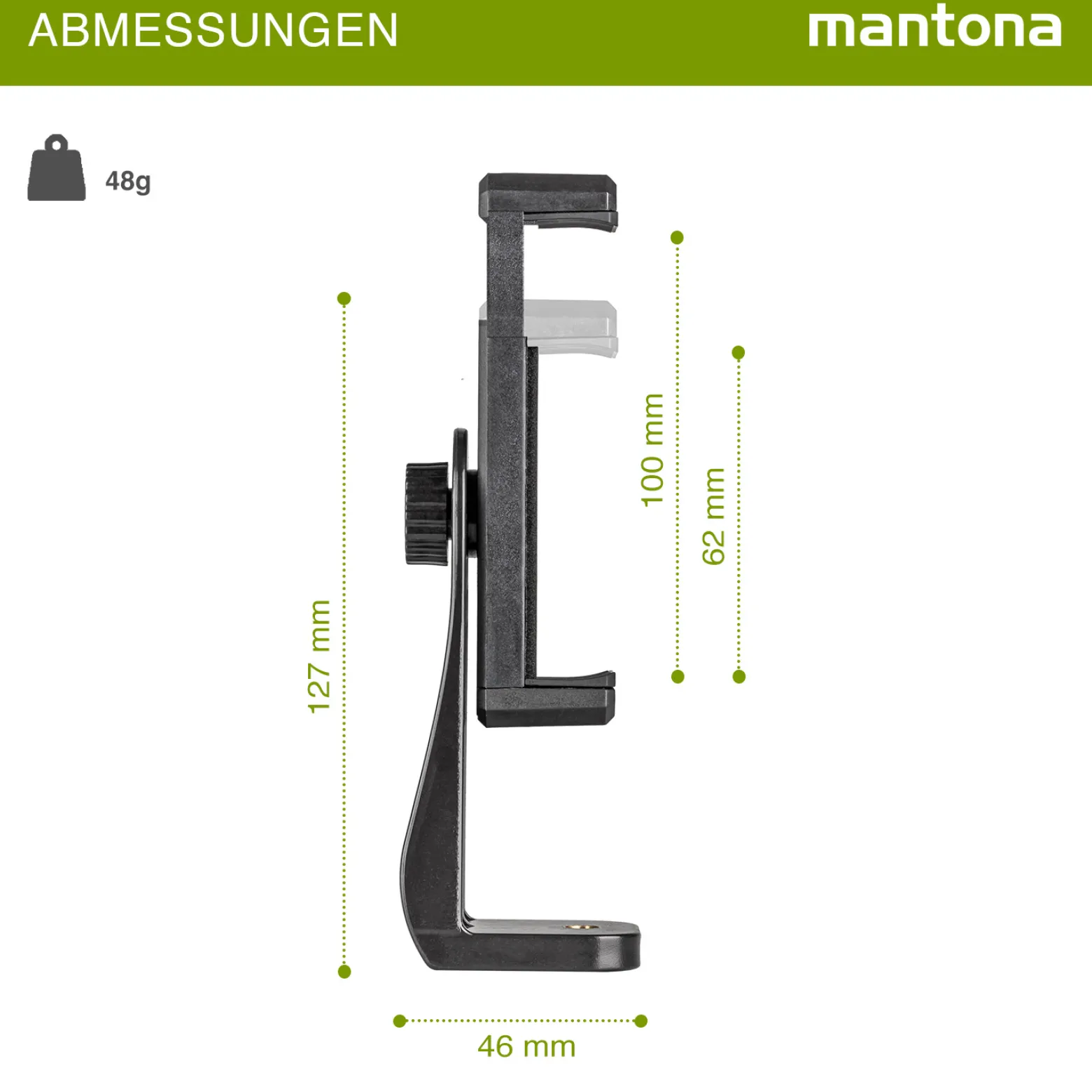 Mantona Smartphone Halter universelle drehbare Halterung für Smartphones (63-100mm) mit Blitzschuh, Handyhalterung mit 2 x 1/4 Zoll Gewinden für Stative