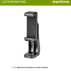 Mantona Smartphone Halter universelle drehbare Halterung für Smartphones (63-100mm) mit Blitzschuh, Handyhalterung mit 2 x 1/4 Zoll Gewinden für Stative