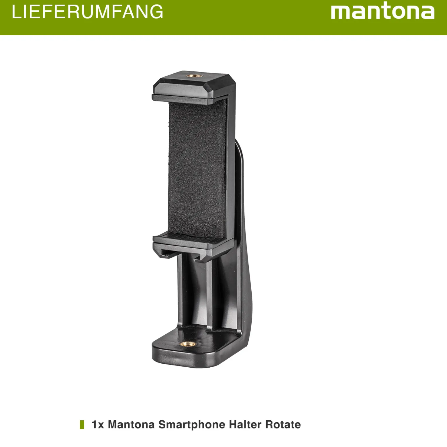 Mantona Smartphone Halter universelle drehbare Halterung für Smartphones (63-100mm) mit Blitzschuh, Handyhalterung mit 2 x 1/4 Zoll Gewinden für Stative