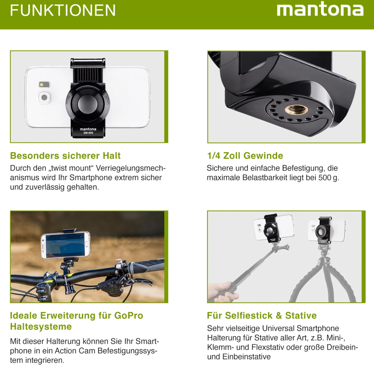 Mantona Smartphone Halterung SM-850 mit Twist Mount - 40 x 50 x 74 mm / Klemmbereich 55-85 mm / Traglast 500 g - mit Befestigung durch Drehverschluss - schwarz
