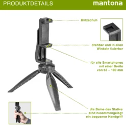 Mantona Smartphone Mini Stativ Kit Set aus Handyhalterung und Tischstativ für Video, Fotografie und Vlogging