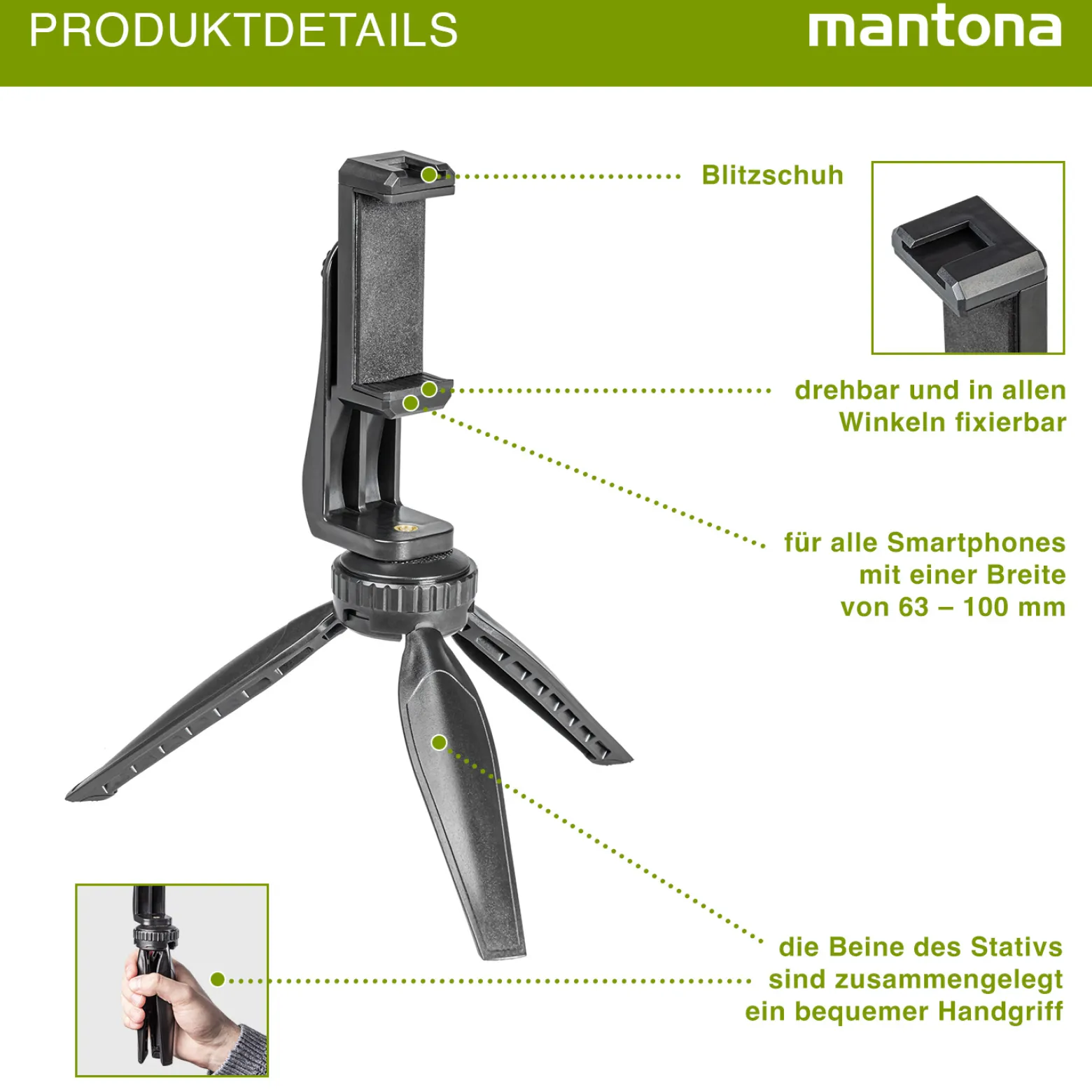 Mantona Smartphone Mini Stativ Kit Set aus Handyhalterung und Tischstativ für Video, Fotografie und Vlogging
