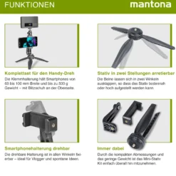 Mantona Smartphone Mini Stativ Kit Set aus Handyhalterung und Tischstativ für Video, Fotografie und Vlogging
