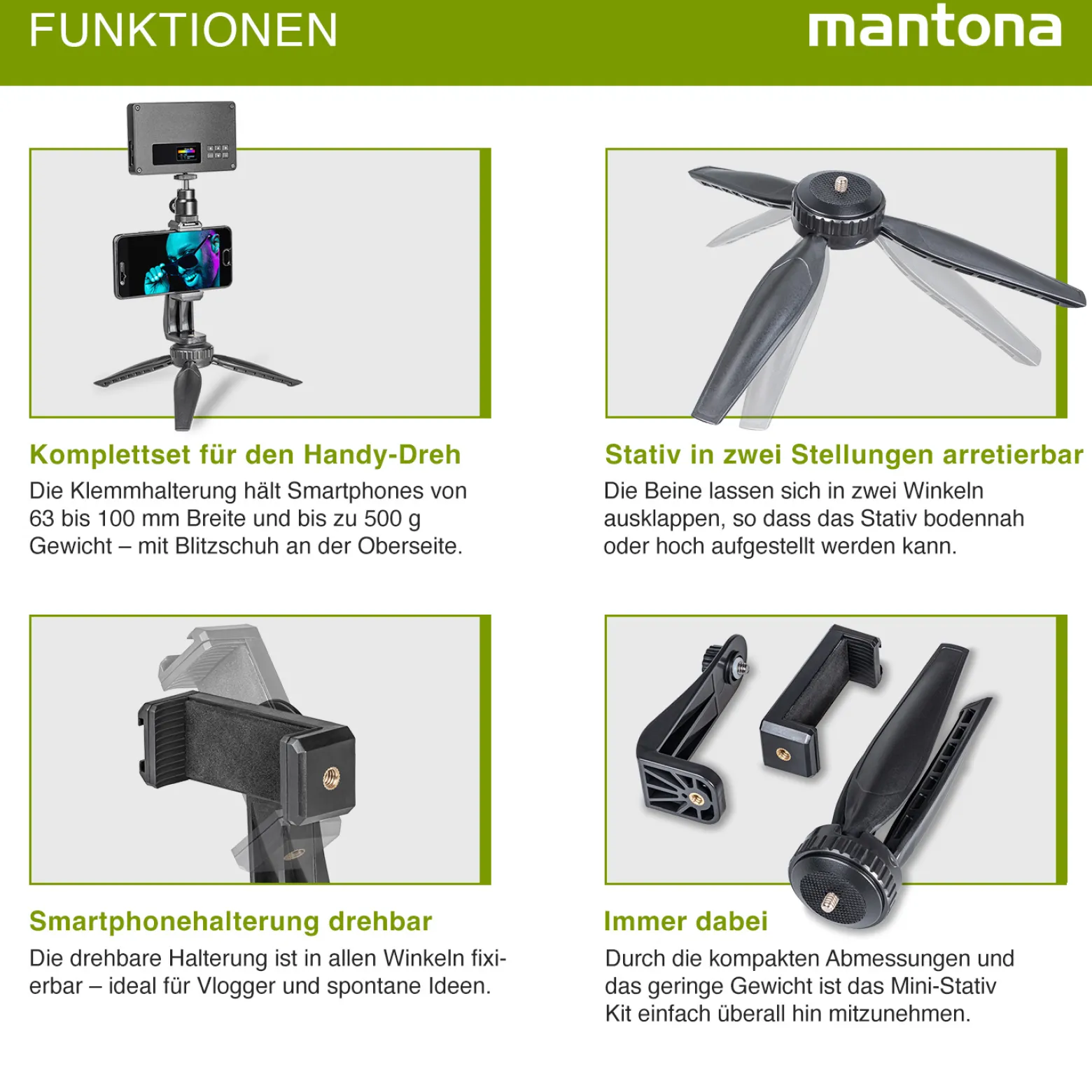 Mantona Smartphone Mini Stativ Kit Set aus Handyhalterung und Tischstativ für Video, Fotografie und Vlogging