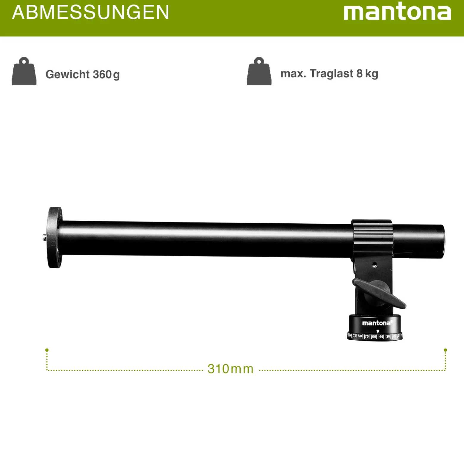 Mantona Stativauslegearm und Mittelsäule - 310 x 50 x 100 mm - 0-90° schwenkbar / stufenlos neigbar -5°-+180° / Traglast 8 kg- mit Wasserwaage, 2x 3/8" Gewinde, 1/4" Schraube - für Foto Atelier