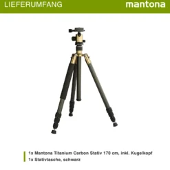 Mantona Titanium Carbon Stativ inkl. Kugelkopf und Stativtasche, Kamerastativ bis 170 cm, Fotostativ 180° Rotation für Makroaufnahmen, Dreibeinstativ mit Arca Swiss kompatiblem Schnellwechselsystem