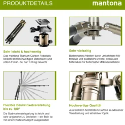 Mantona Titanium Carbon Stativ inkl. Kugelkopf und Stativtasche, Kamerastativ bis 170 cm, Fotostativ 180° Rotation für Makroaufnahmen, Dreibeinstativ mit Arca Swiss kompatiblem Schnellwechselsystem