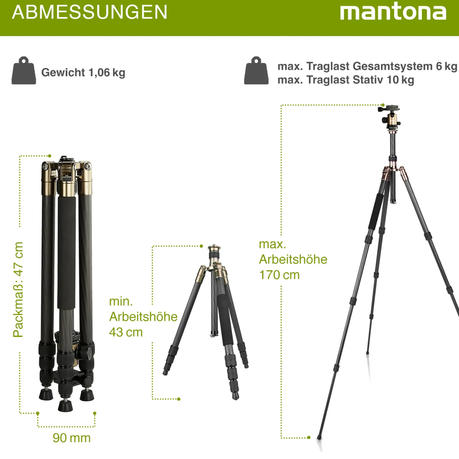 Mantona Titanium Carbon Stativ inkl. Kugelkopf und Stativtasche, Kamerastativ bis 170 cm, Fotostativ 180° Rotation für Makroaufnahmen, Dreibeinstativ mit Arca Swiss kompatiblem Schnellwechselsystem