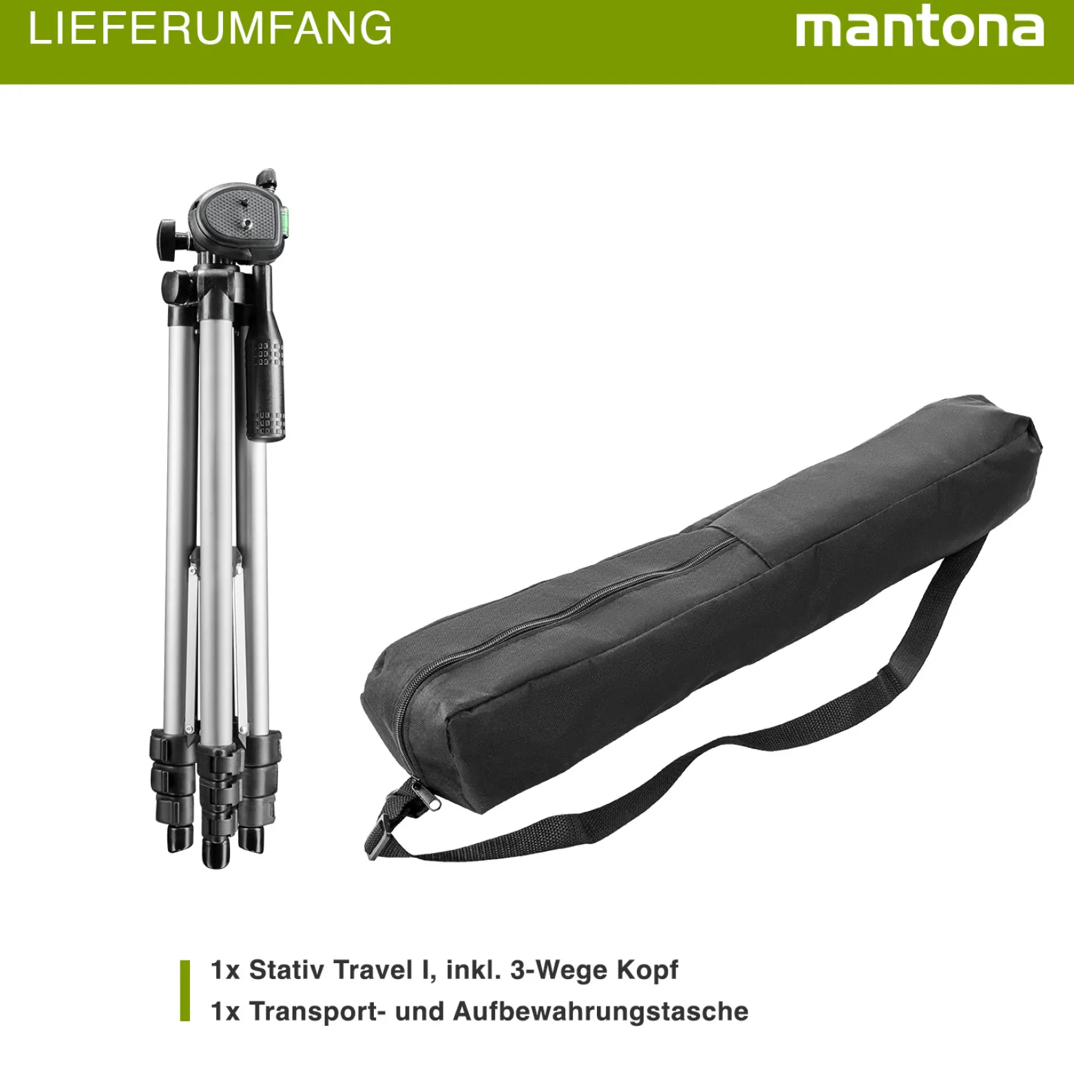 Mantona Travel I Stativ - 350 x 90 x 90 mm / max. Traglast 0,5 kg - aus Aluminium - mit Wasserwaage Mittelspinne - Reisestativ Travelstativ passend für Kameras