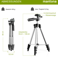 Mantona Travel I Stativ - 350 x 90 x 90 mm / max. Traglast 0,5 kg - aus Aluminium - mit Wasserwaage Mittelspinne - Reisestativ Travelstativ passend für Kameras