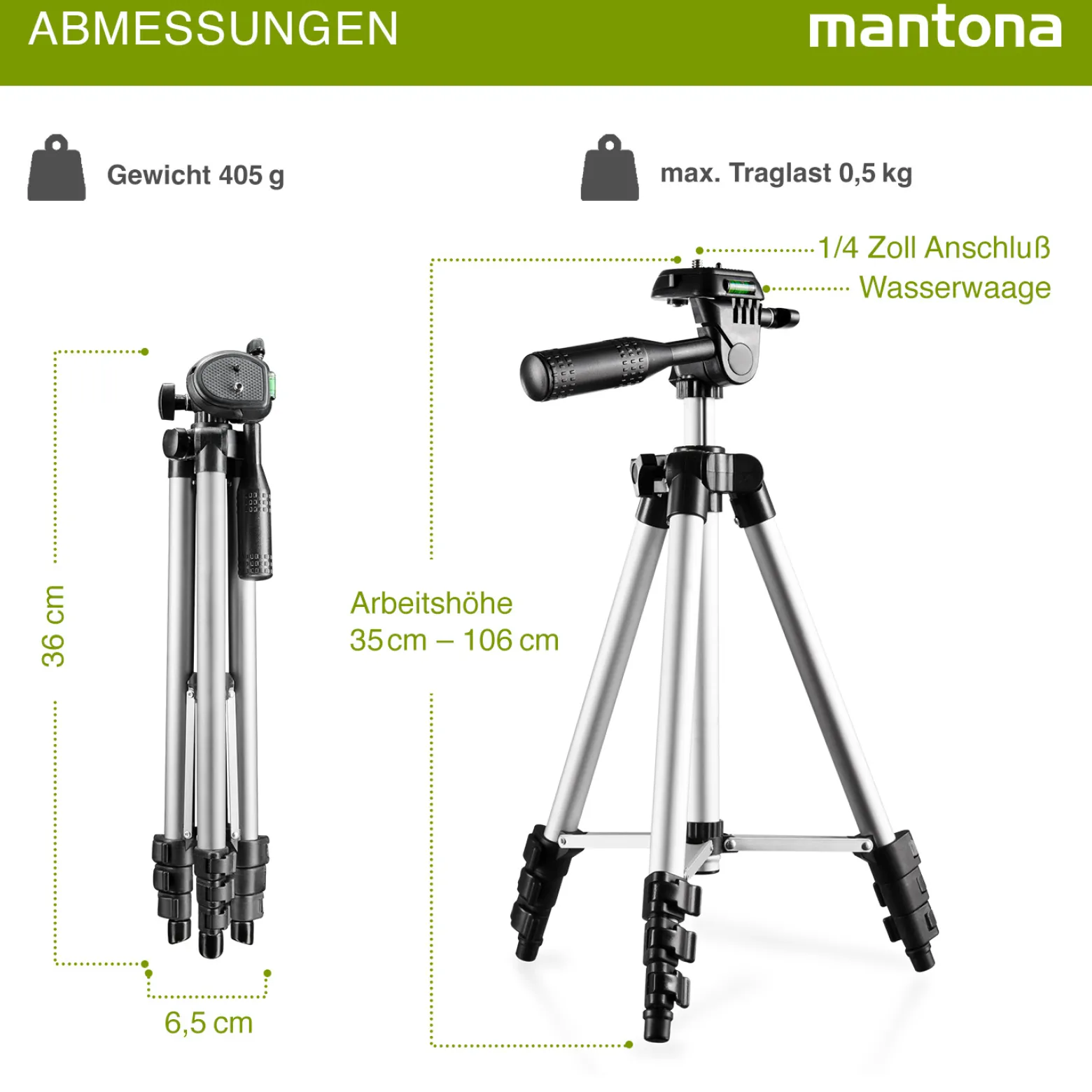 Mantona Travel I Stativ - 350 x 90 x 90 mm / max. Traglast 0,5 kg - aus Aluminium - mit Wasserwaage Mittelspinne - Reisestativ Travelstativ passend für Kameras