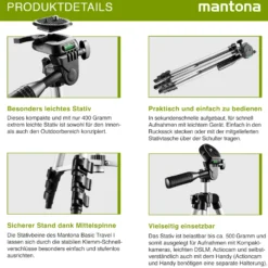 Mantona Travel I Stativ - 350 x 90 x 90 mm / max. Traglast 0,5 kg - aus Aluminium - mit Wasserwaage Mittelspinne - Reisestativ Travelstativ passend für Kameras