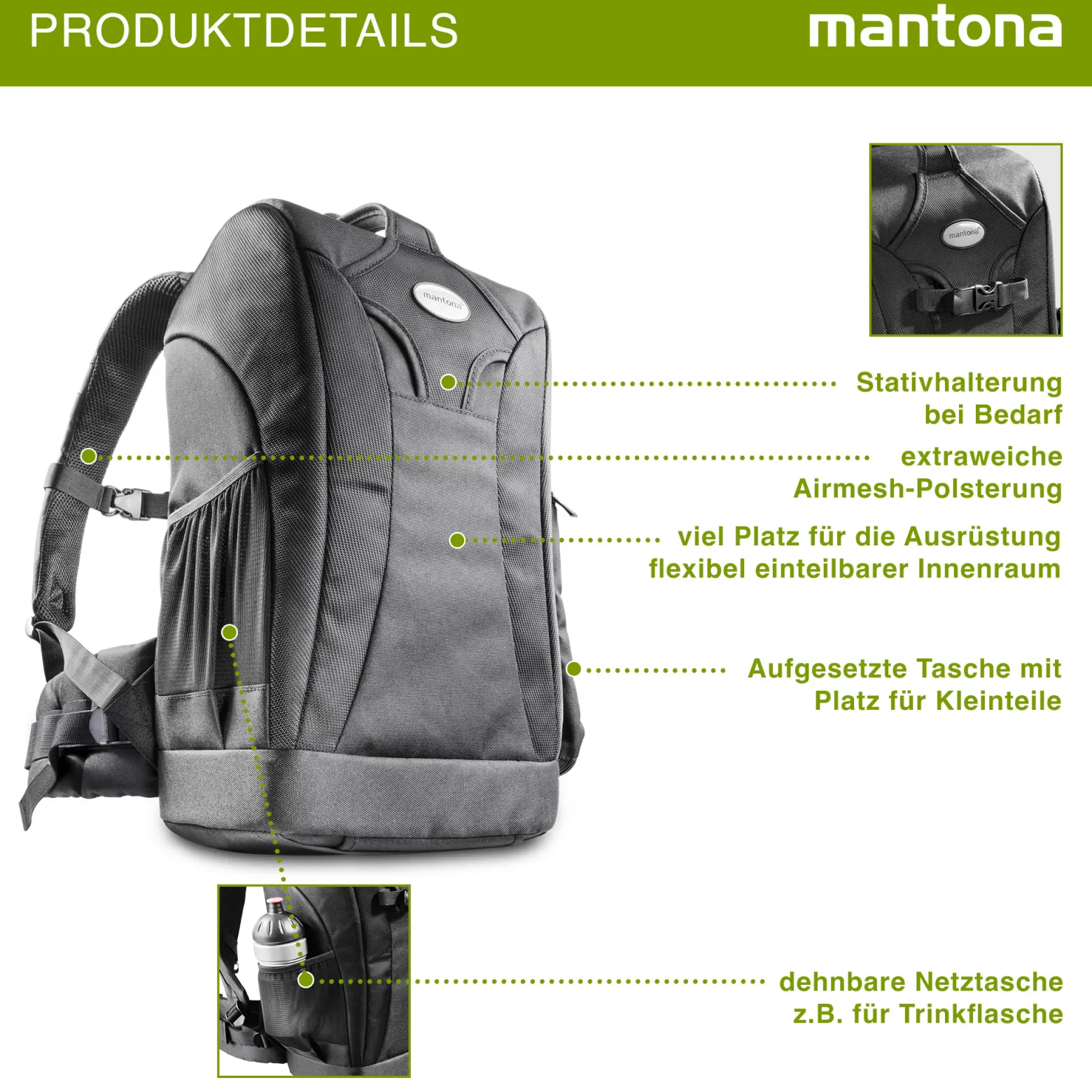 Mantona Trekking Fotorucksack - Kamerarucksack für DSLR Kameras, Fototasche mit Stativhalterung und variabel einteilbarem Innenraum, Kameratasche mit Regenschutz