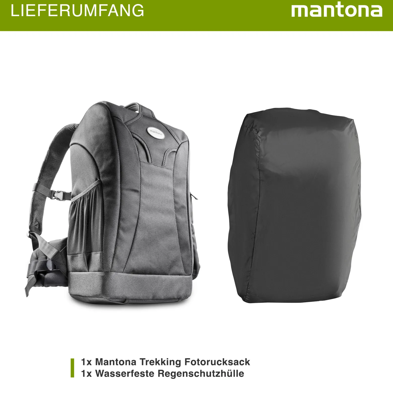 Mantona Trekking Fotorucksack - Kamerarucksack für DSLR Kameras, Fototasche mit Stativhalterung und variabel einteilbarem Innenraum, Kameratasche mit Regenschutz