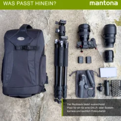 Mantona Trekking Fotorucksack - Kamerarucksack für DSLR Kameras, Fototasche mit Stativhalterung und variabel einteilbarem Innenraum, Kameratasche mit Regenschutz