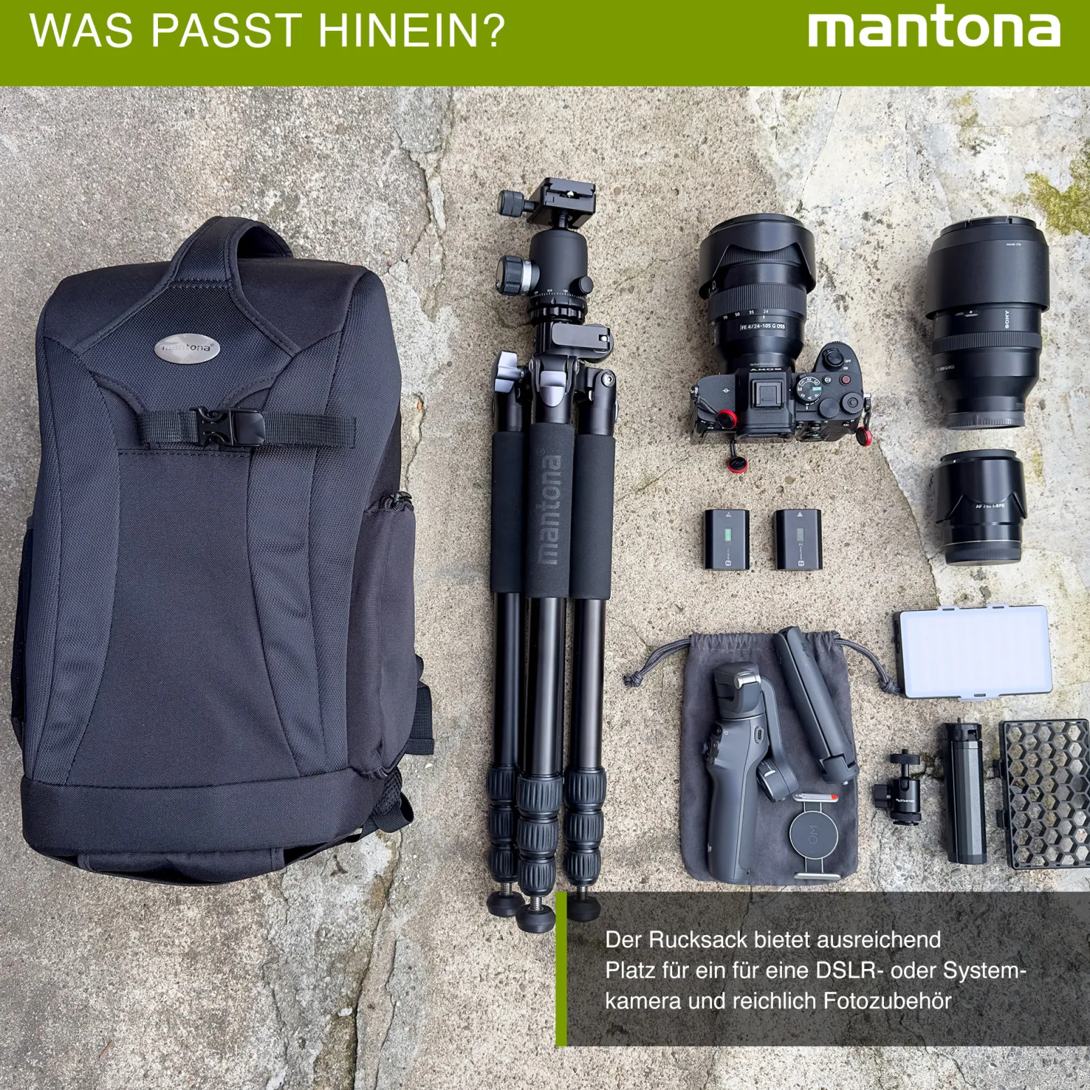 Mantona Trekking Fotorucksack - Kamerarucksack für DSLR Kameras, Fototasche mit Stativhalterung und variabel einteilbarem Innenraum, Kameratasche mit Regenschutz
