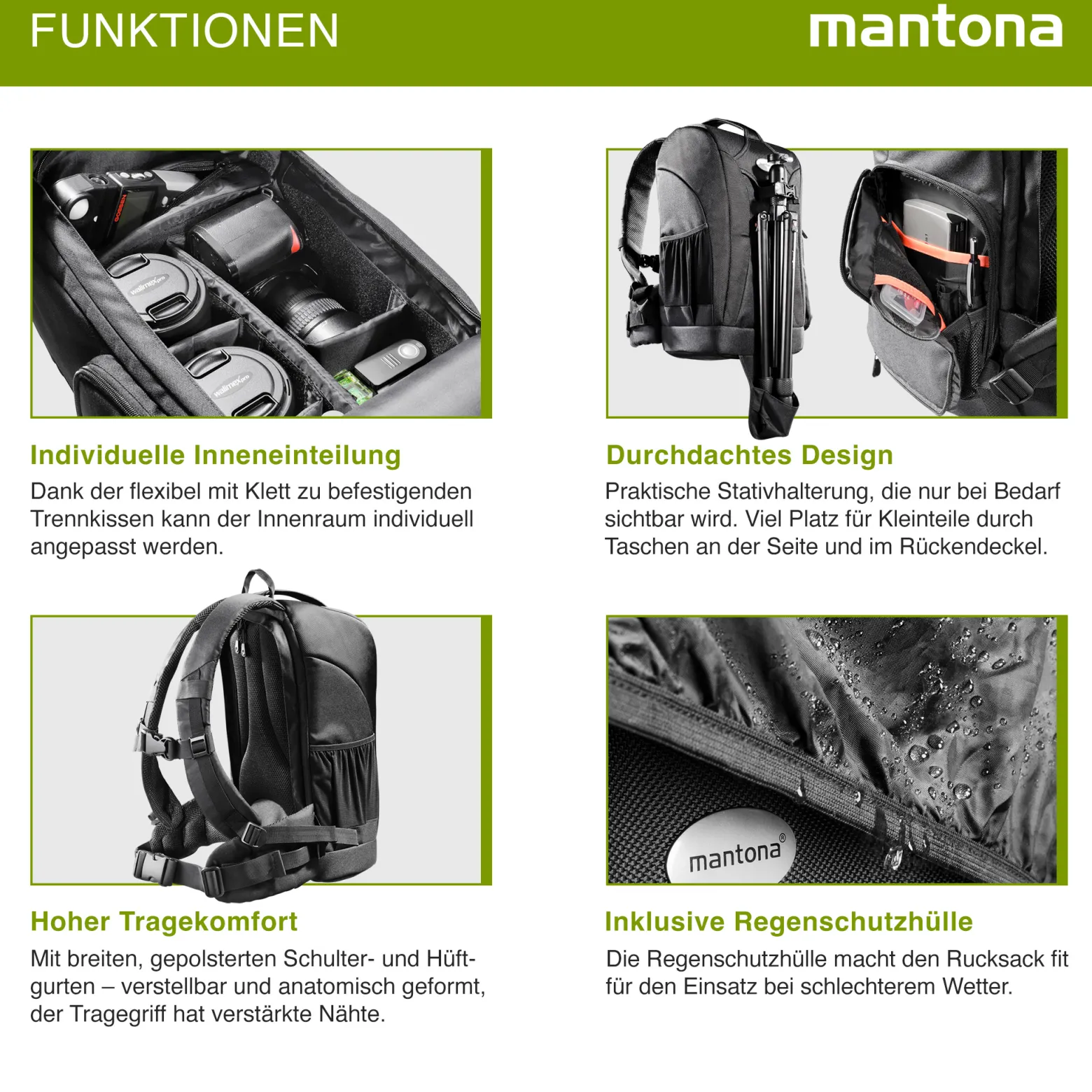 Mantona Trekking Fotorucksack - Kamerarucksack für DSLR Kameras, Fototasche mit Stativhalterung und variabel einteilbarem Innenraum, Kameratasche mit Regenschutz