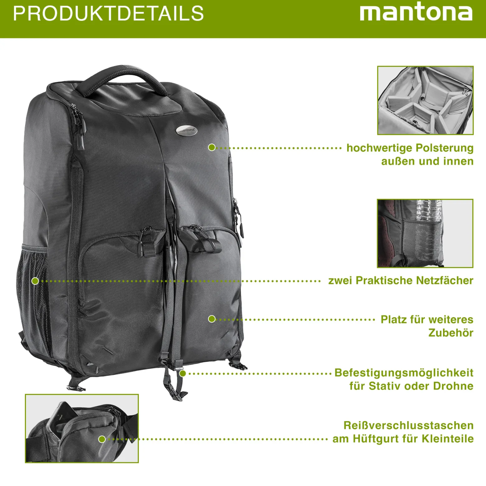 Mantona Universal Drohnen- & Kamerarucksack, Drohnen-Rucksack für Kamera Equipment, Fotorucksack für Flugdrohne, Multikopter, Systemkamera, Aufbewahrungstasche mit variablem Innenraum