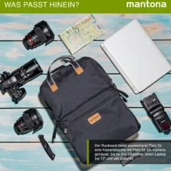 Mantona Urban Companion Fotorucksack und Tasche, Kamerarucksack Anthrazit mit Lederapplikationen, Fototasche mit Laptopfach für Laptops bis 12 Zoll