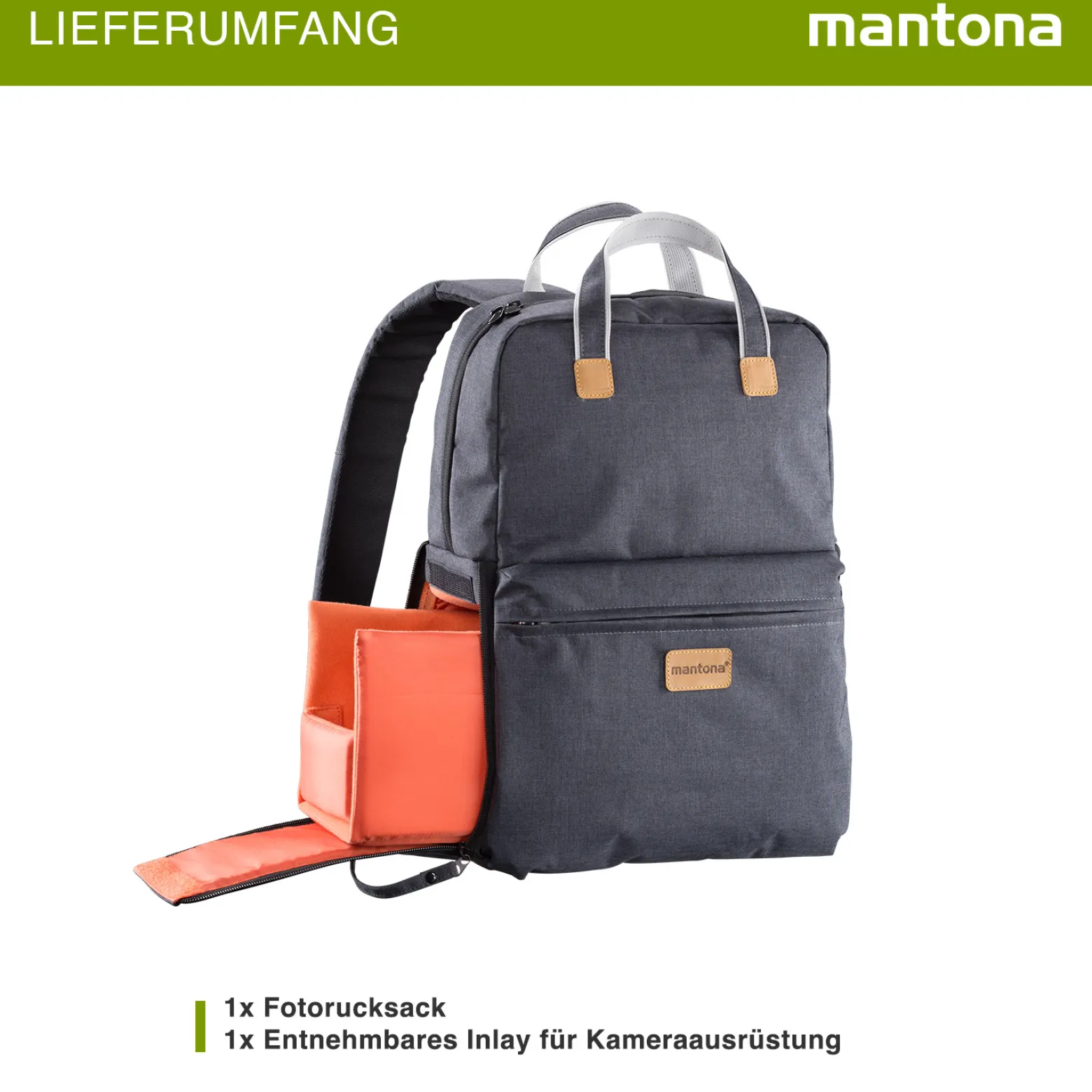 Mantona Urban Companion Fotorucksack und Tasche, Kamerarucksack Anthrazit mit Lederapplikationen, Fototasche mit Laptopfach für Laptops bis 12 Zoll