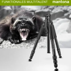 Mantona Wolverine L 284 Kamerastativ Aluminium, Fotostativ bis 15 kg, höhenverstellbar bis 166 cm, Stativ mit Spikes, Libelle, LED Lampe, als Dreibein und Einbein-Stativ nutzbar