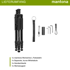 Mantona Wolverine L 284 Kamerastativ Aluminium, Fotostativ bis 15 kg, höhenverstellbar bis 166 cm, Stativ mit Spikes, Libelle, LED Lampe, als Dreibein und Einbein-Stativ nutzbar