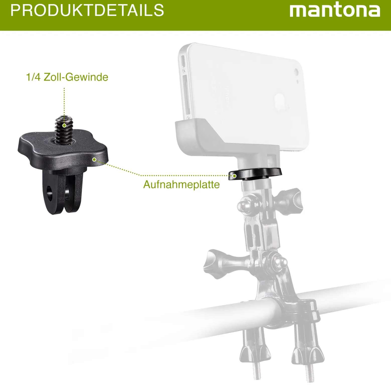 Mantona 1/4 Zoll Gewinde Adapter - 30 x 20 x 20 mm - kompatibel mit GoPro 11 10 9 8 7 6 5 4 3 2 1 - Verbindung von Equipement und Action Cams