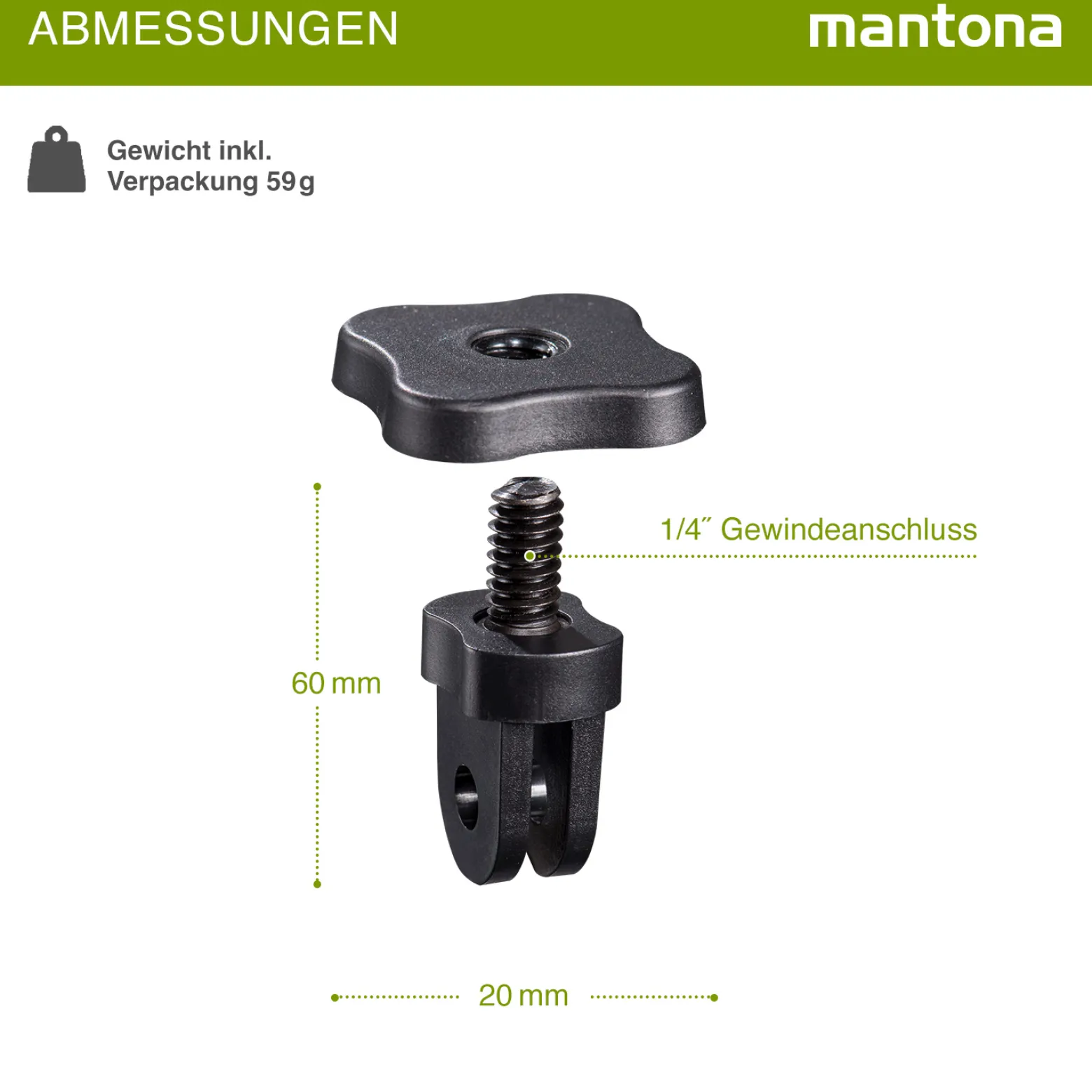 Mantona 1/4 Zoll Gewinde Adapter - 30 x 20 x 20 mm - kompatibel mit GoPro 11 10 9 8 7 6 5 4 3 2 1 - Verbindung von Equipement und Action Cams