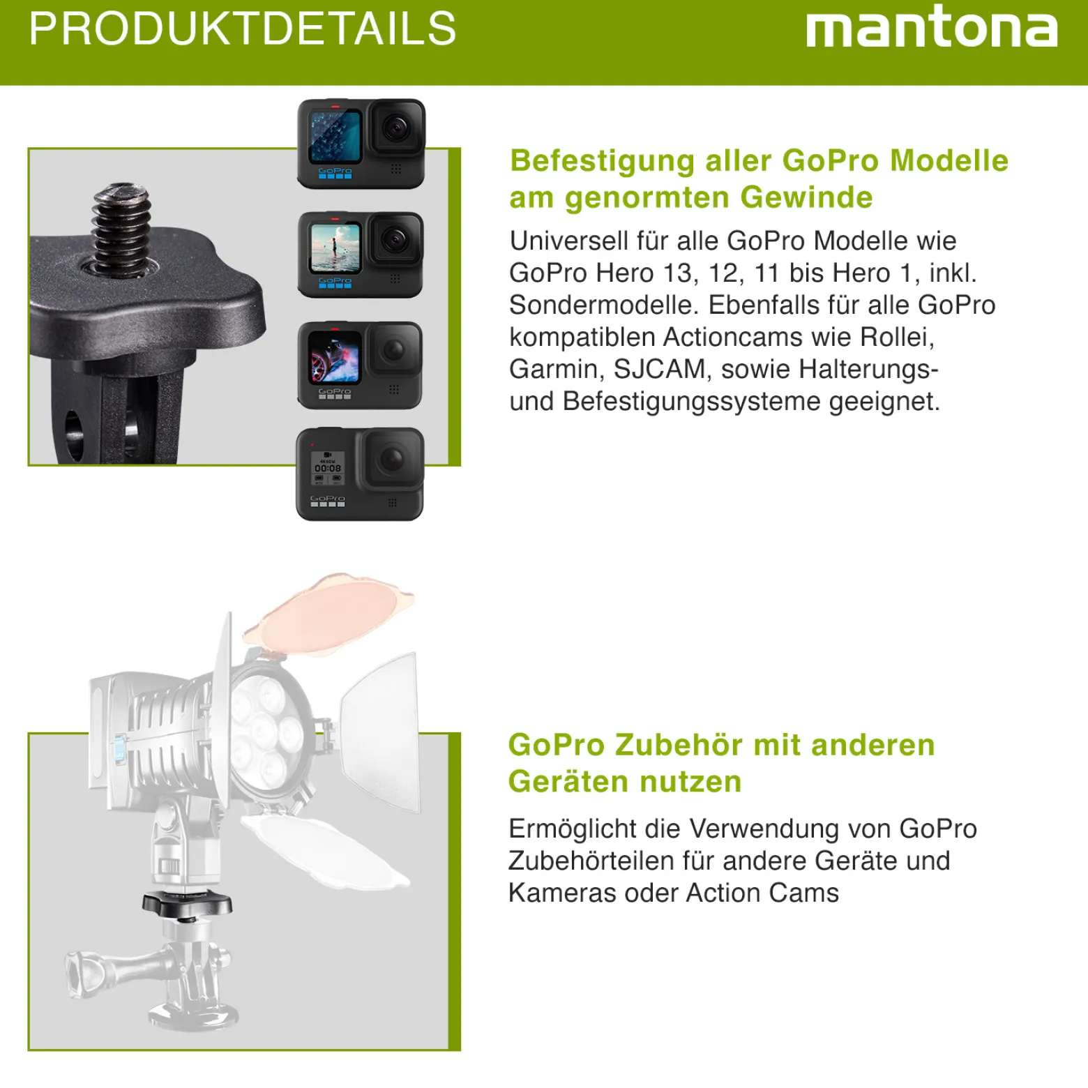 Mantona 1/4 Zoll Gewinde Adapter - 30 x 20 x 20 mm - kompatibel mit GoPro 11 10 9 8 7 6 5 4 3 2 1 - Verbindung von Equipement und Action Cams