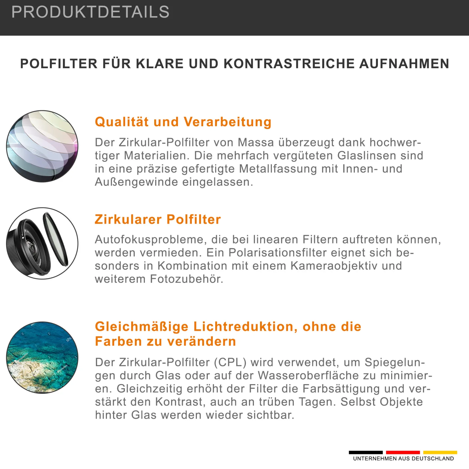 Massa CPL Polfilter - 58 x 58 x 7 mm - mehrfach vergütete Glaslinsen - für sattere Farben, verbesserte Schärfe und reduzierte Spiegelungen - Foto Kamera Zubehör