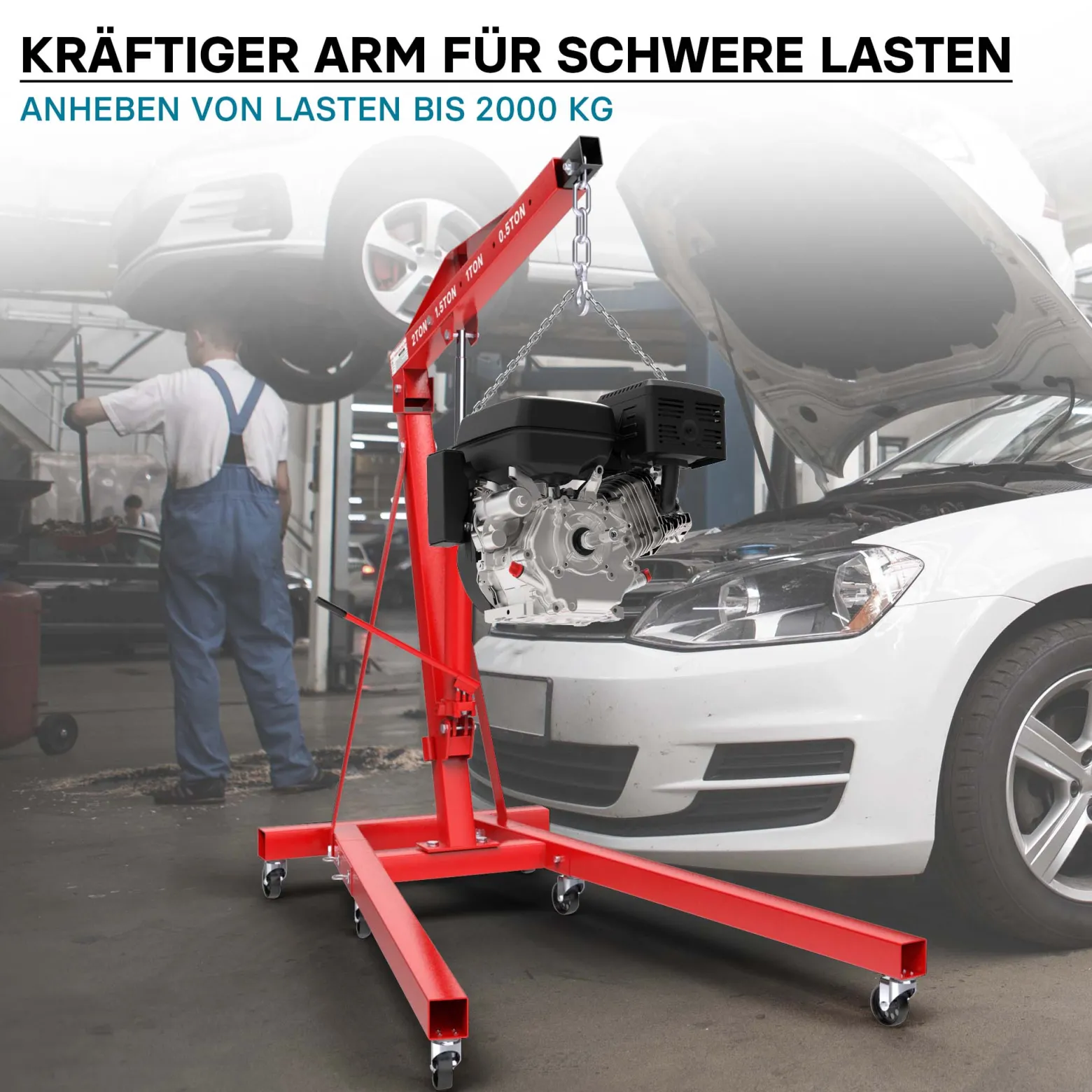 Motorheber Werkstattkran Getriebeheber Hebekran Ladekran klappbar Doppelpumpe 2000 kg Motorkran Schwerlastkran