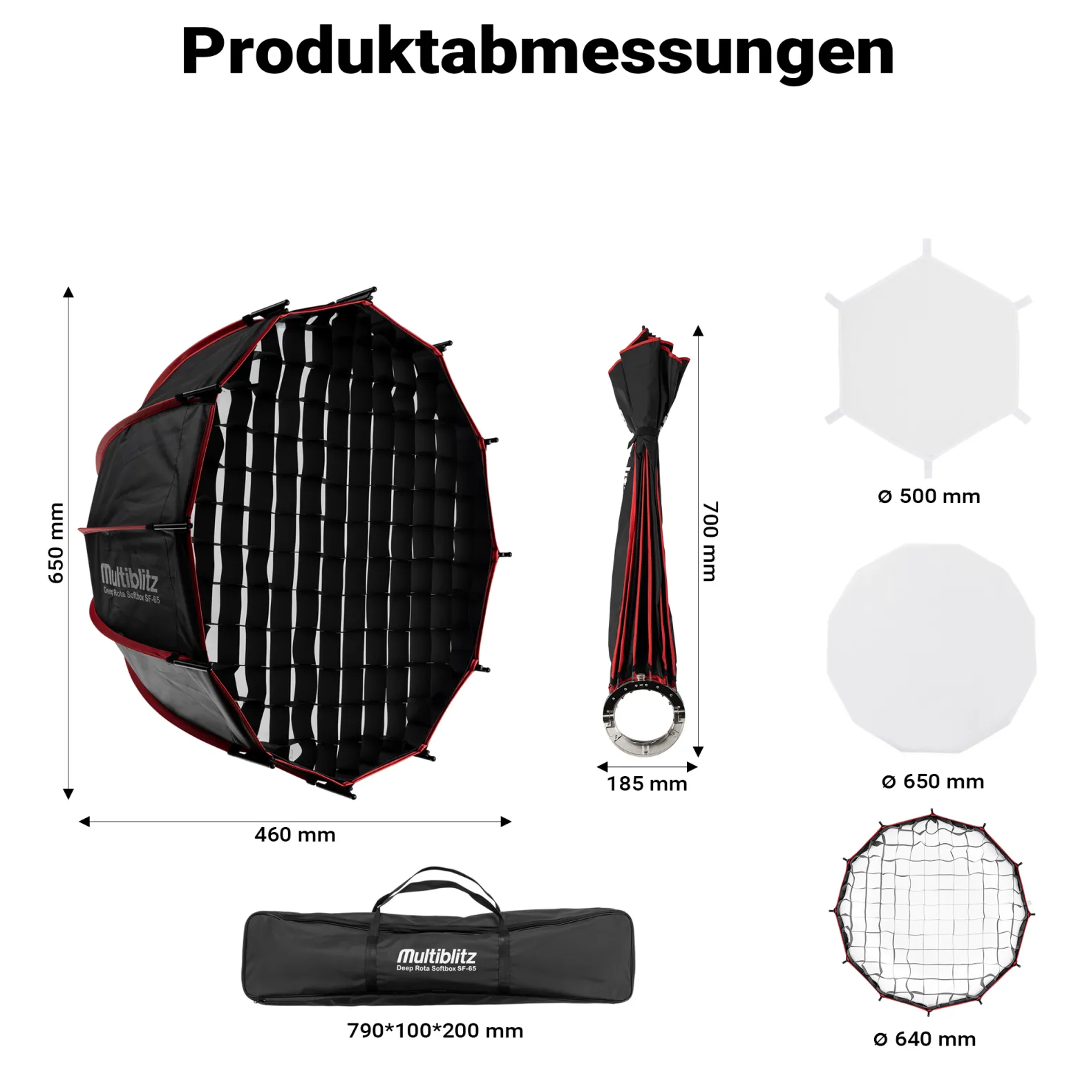 Multiblitz Deep Rota Softbox SF-65 Bowens mit Grid und Diffusoren, Lichtformer für Studioblitz und LED Dauerlicht, Lichtdiffusor für Porträtfotografie und Videobeleuchtung