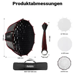 Multiblitz Deep Rota Softbox SF-90 Bowens mit Grid und Diffusoren, Lichtformer für Studioblitz und LED Dauerlicht, Lichtdiffusor für Porträtfotografie und Videobeleuchtung