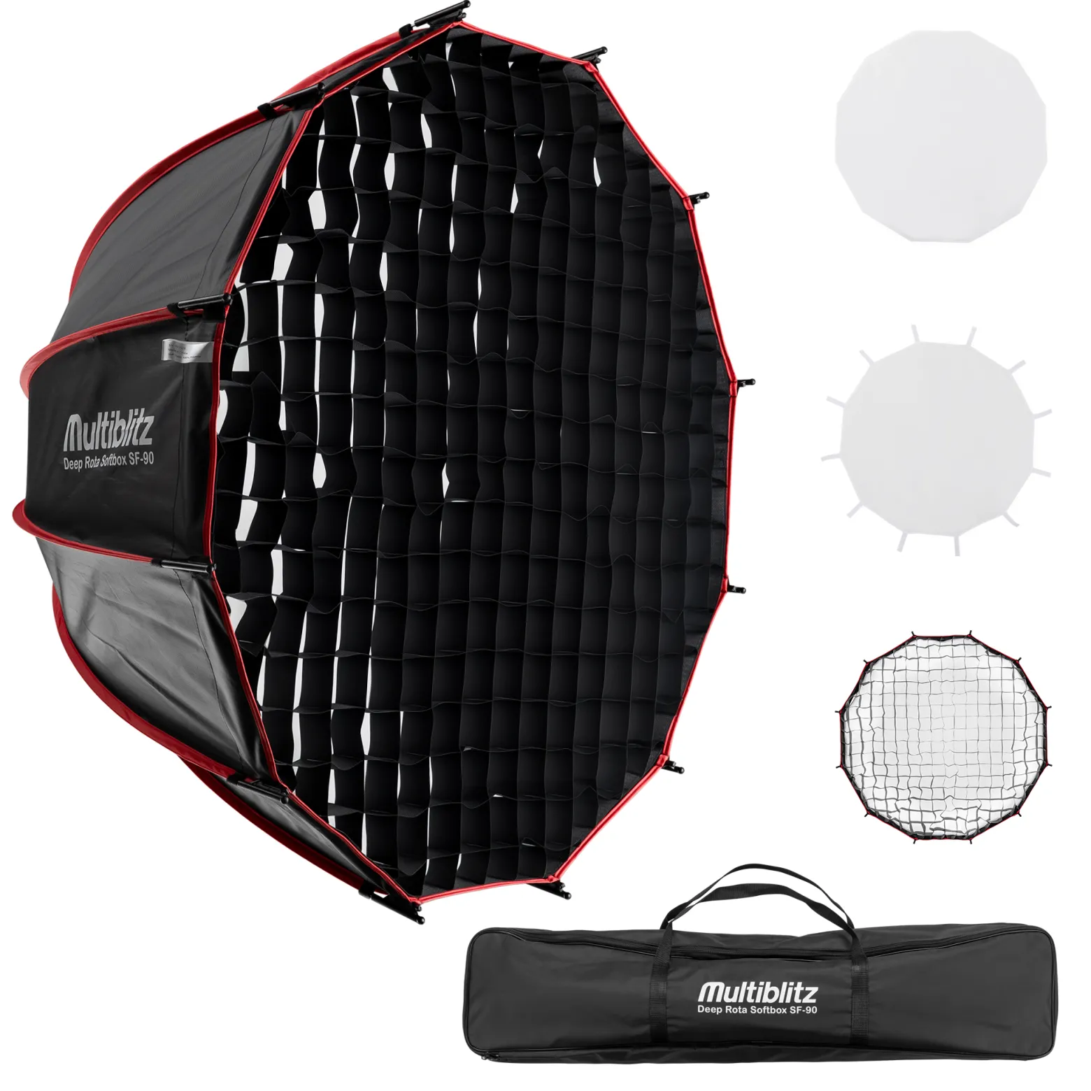 Multiblitz Deep Rota Softbox SF-90 Bowens mit Grid und Diffusoren, Lichtformer für Studioblitz und LED Dauerlicht, Lichtdiffusor für Porträtfotografie und Videobeleuchtung