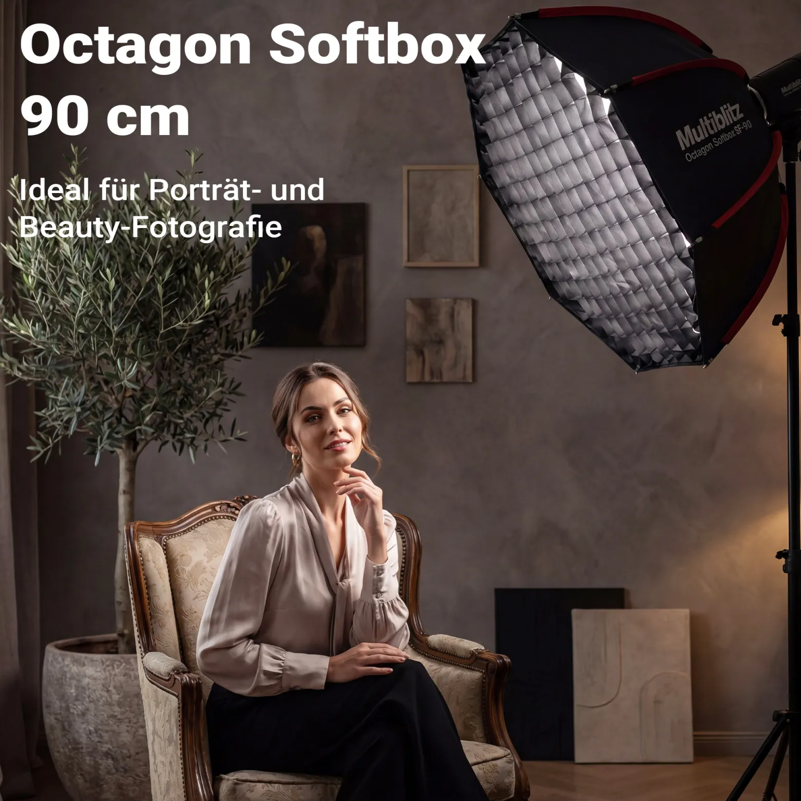 Multiblitz Octagon Softbox SF-90 Bowens mit Grid und Diffusoren, Lichtformer für Studioblitz und LED Dauerlicht, Lichtdiffusor für Porträtfotografie und Videobeleuchtung