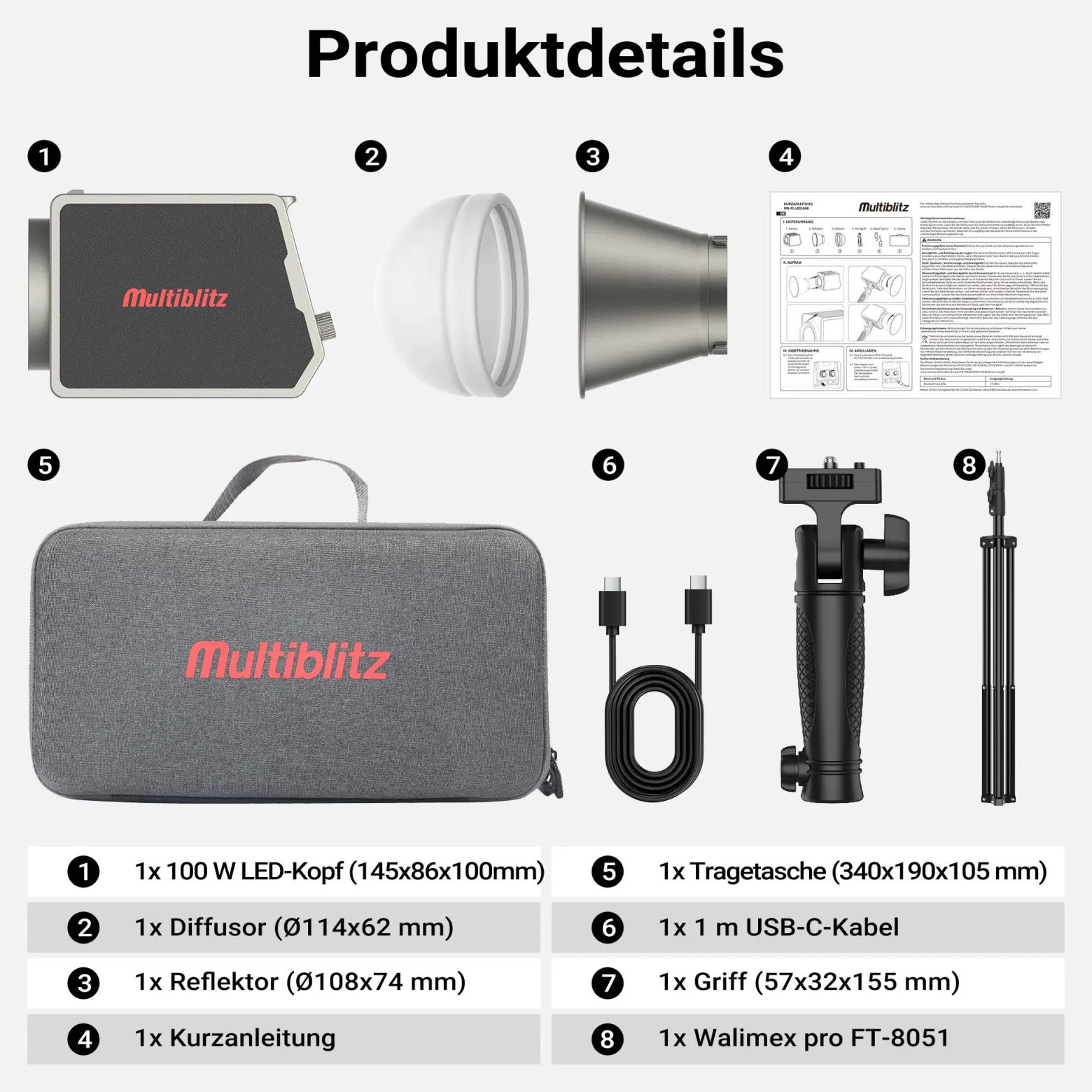 Multiblitz Set aus MB-PL LED 100B Fotolicht mit FT-8051 Lampenstativ