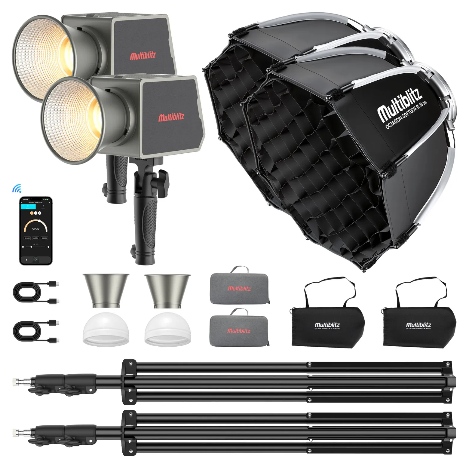 Multiblitz Set aus 2x LED 100B Fotolicht mit 2x FT-8051 Lampenstativ und 2x Octagon Softbox Ø 40 cm