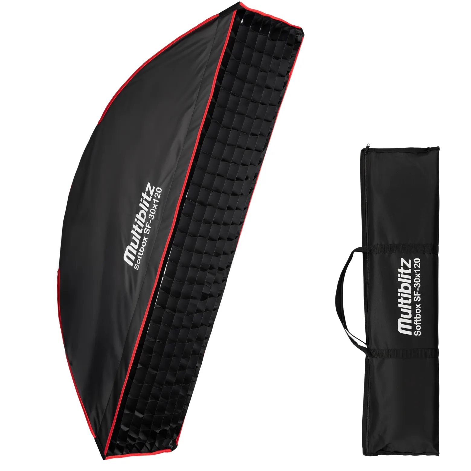 Multiblitz Softbox SF-30x120 Bowens mit Grid und Diffusoren, Lichtformer für Studioblitz und LED Dauerlicht, Lichtdiffusor für Porträtfotografie und Videobeleuchtung