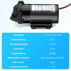 Naturewater Druckerhöhungspumpe 50 GPD (190 l), Booster Pumpe 24 W für Umkehrosmoseanlage, Wasser Eingangsdruck 2 bar auf Ausgangsdruck 5 bar