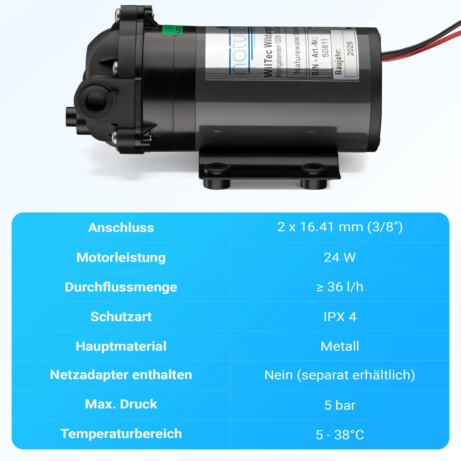 Naturewater Druckerhöhungspumpe 50 GPD (190 l), Booster Pumpe 24 W für Umkehrosmoseanlage, Wasser Eingangsdruck 2 bar auf Ausgangsdruck 5 bar