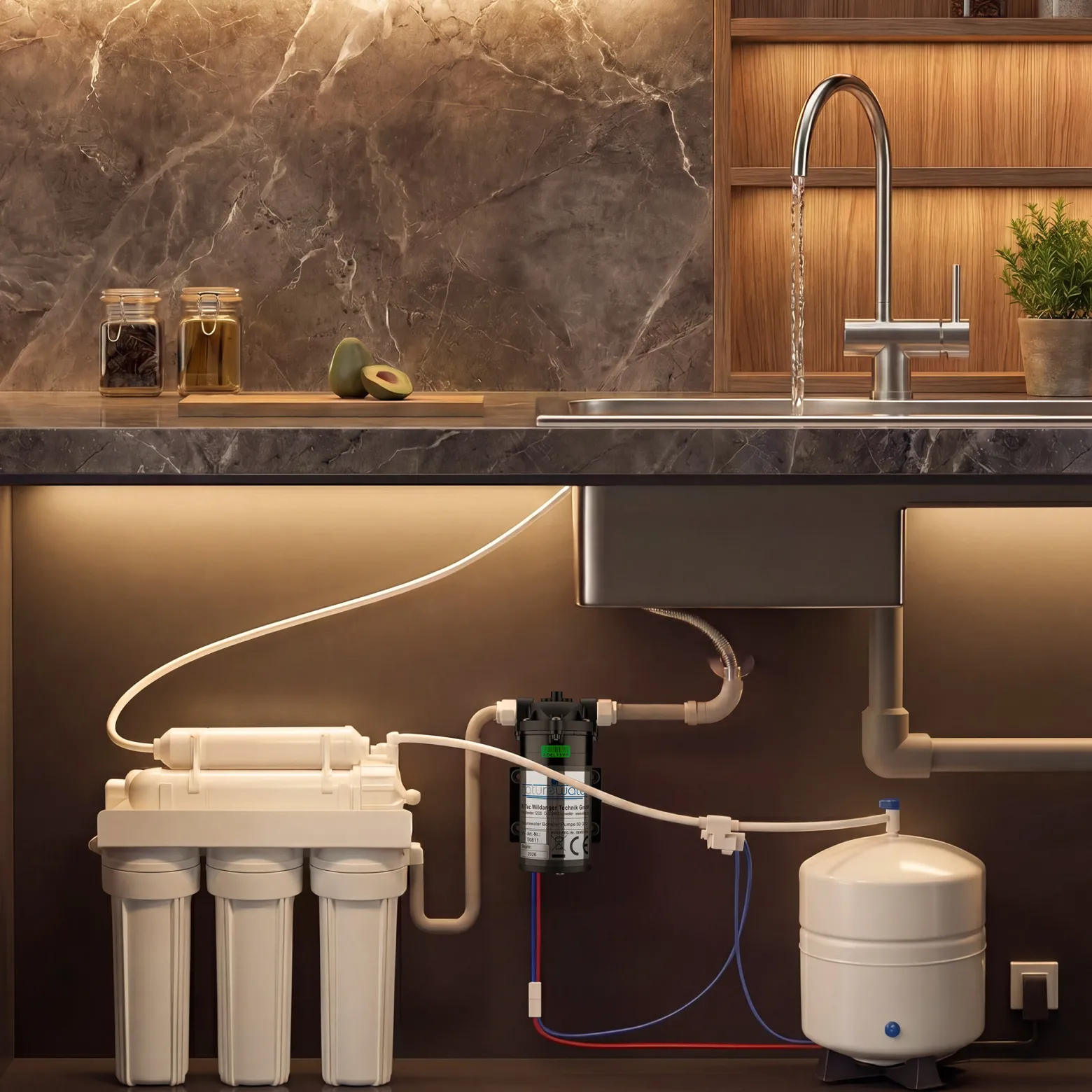 Naturewater Druckerhöhungspumpe 50 GPD (190 l), Booster Pumpe 24 W für Umkehrosmoseanlage, Wasser Eingangsdruck 2 bar auf Ausgangsdruck 5 bar